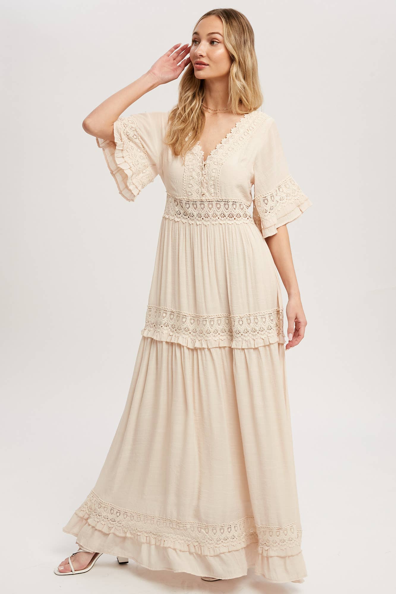 V-Neck Lace Trim Maxi Dress