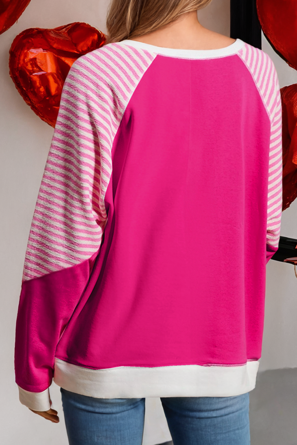 Striped Crew Neck Raglan Sleeve Top: Pink