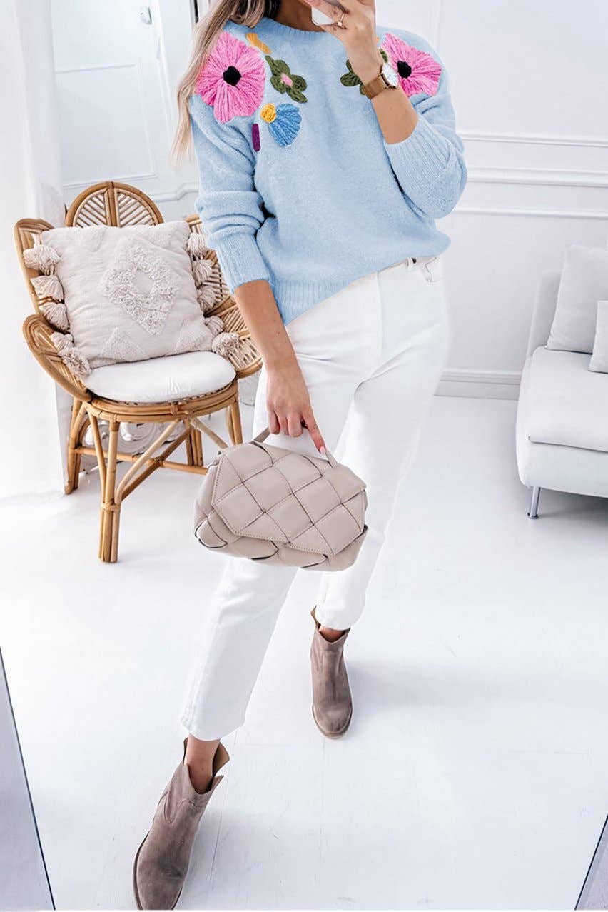 Floral Knit Ribbed Trim Sweater: Light Blue