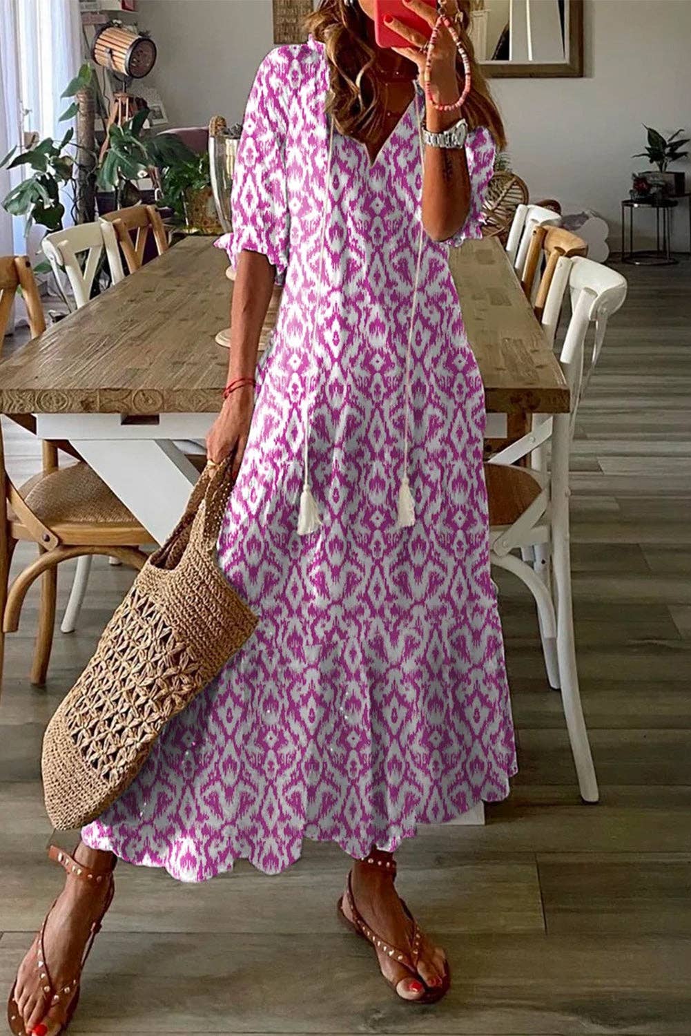 Geometric V-Neck Maxi Dress: Pink