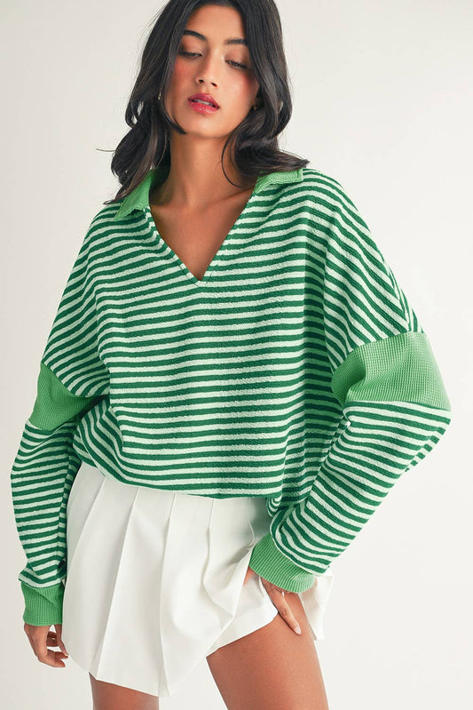 V Neck Striped Loose Top: Green