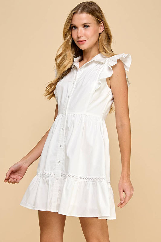 Crisp White Ruffle Button Up Dress