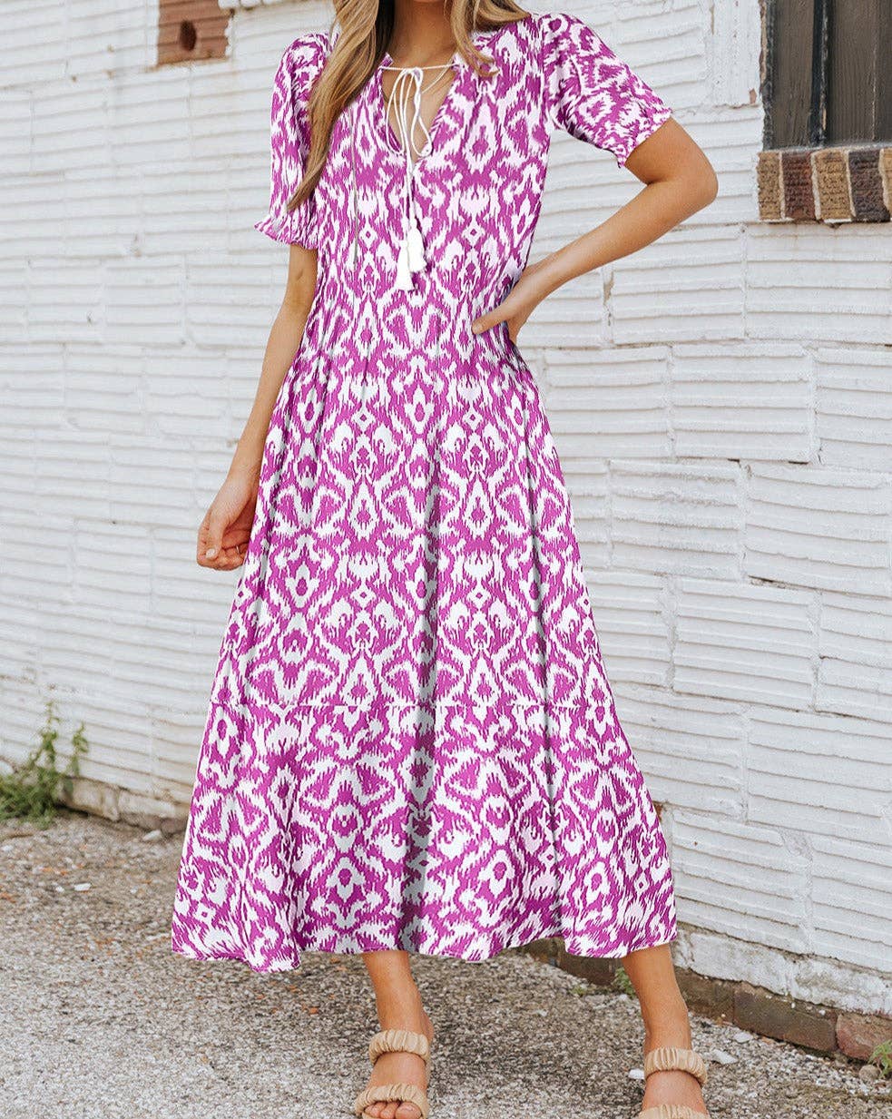 Geometric V-Neck Maxi Dress: Pink