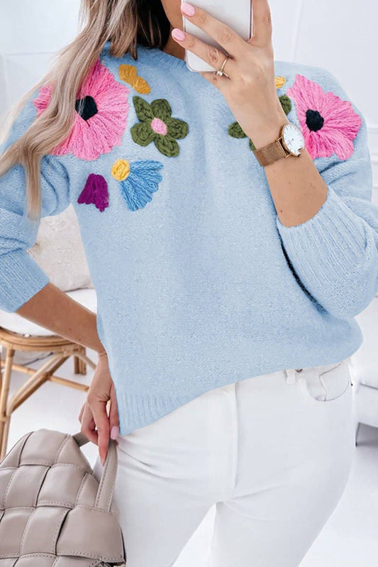 Floral Knit Ribbed Trim Sweater: Light Blue
