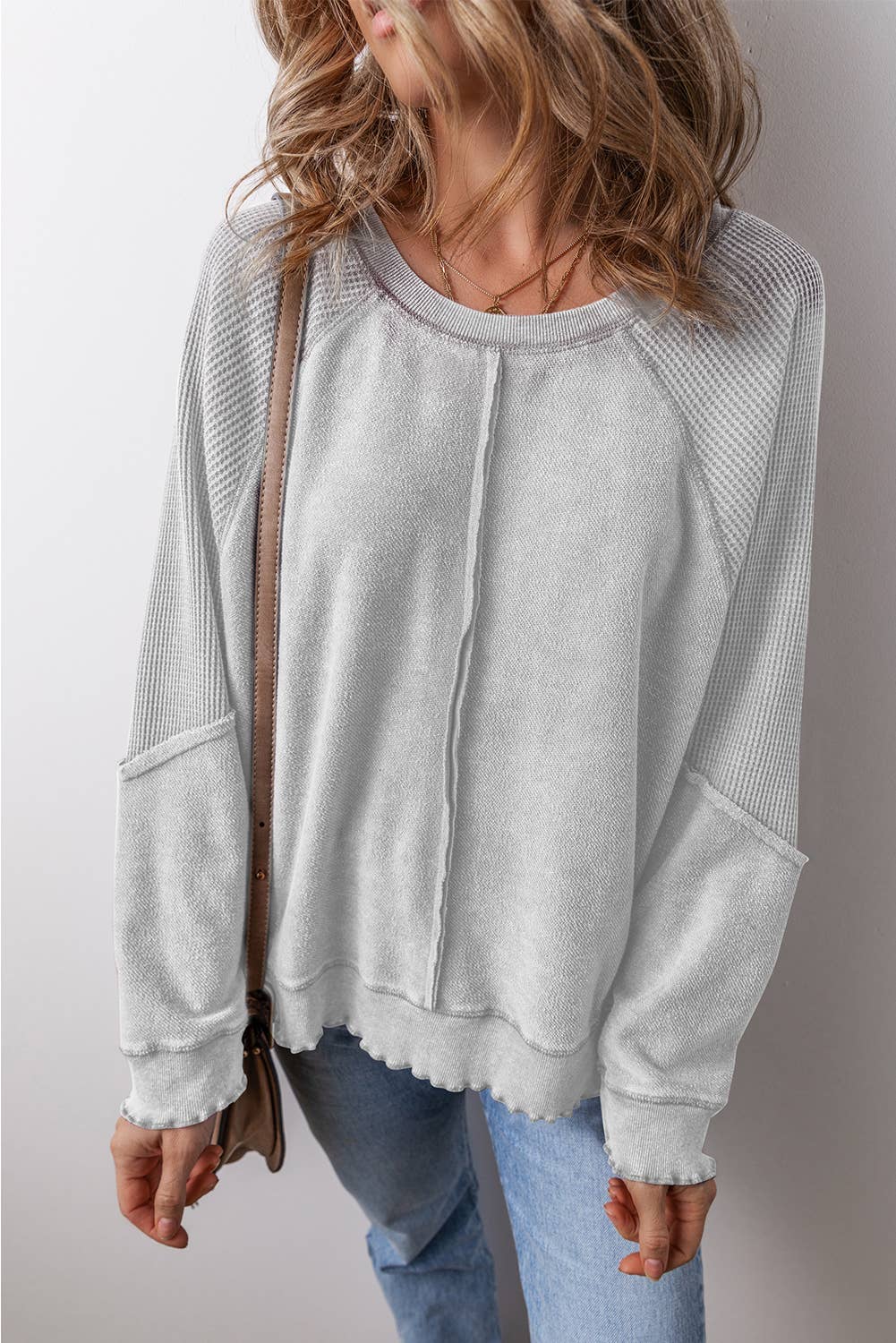 LDC Waffle Knit Patchwork Exposed Seam Raglan Sweatshirt