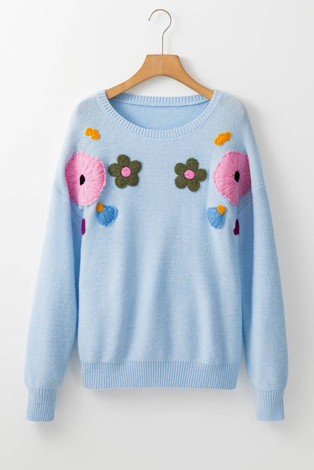 Floral Knit Ribbed Trim Sweater: Light Blue