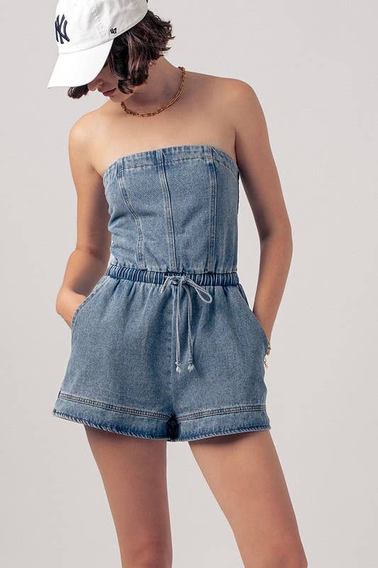 Retro Strapless Denim Romper