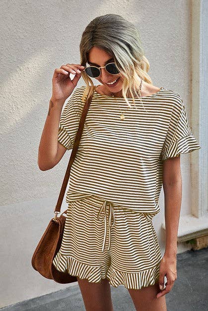 Casual Khaki Stripe Ruffle Set