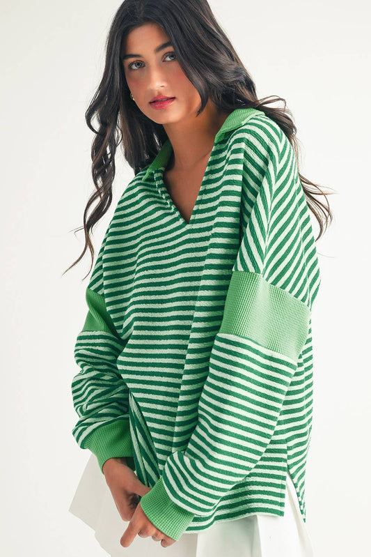 V Neck Striped Loose Top: Green