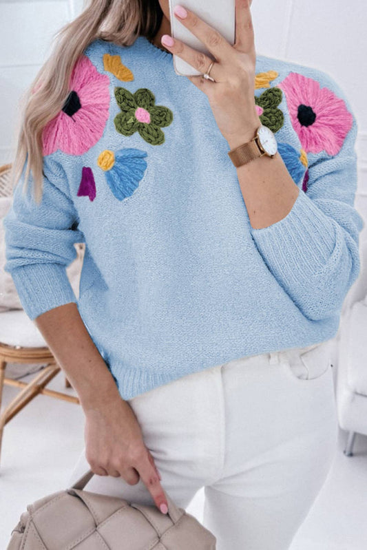 Floral Knit Ribbed Trim Sweater: Light Blue
