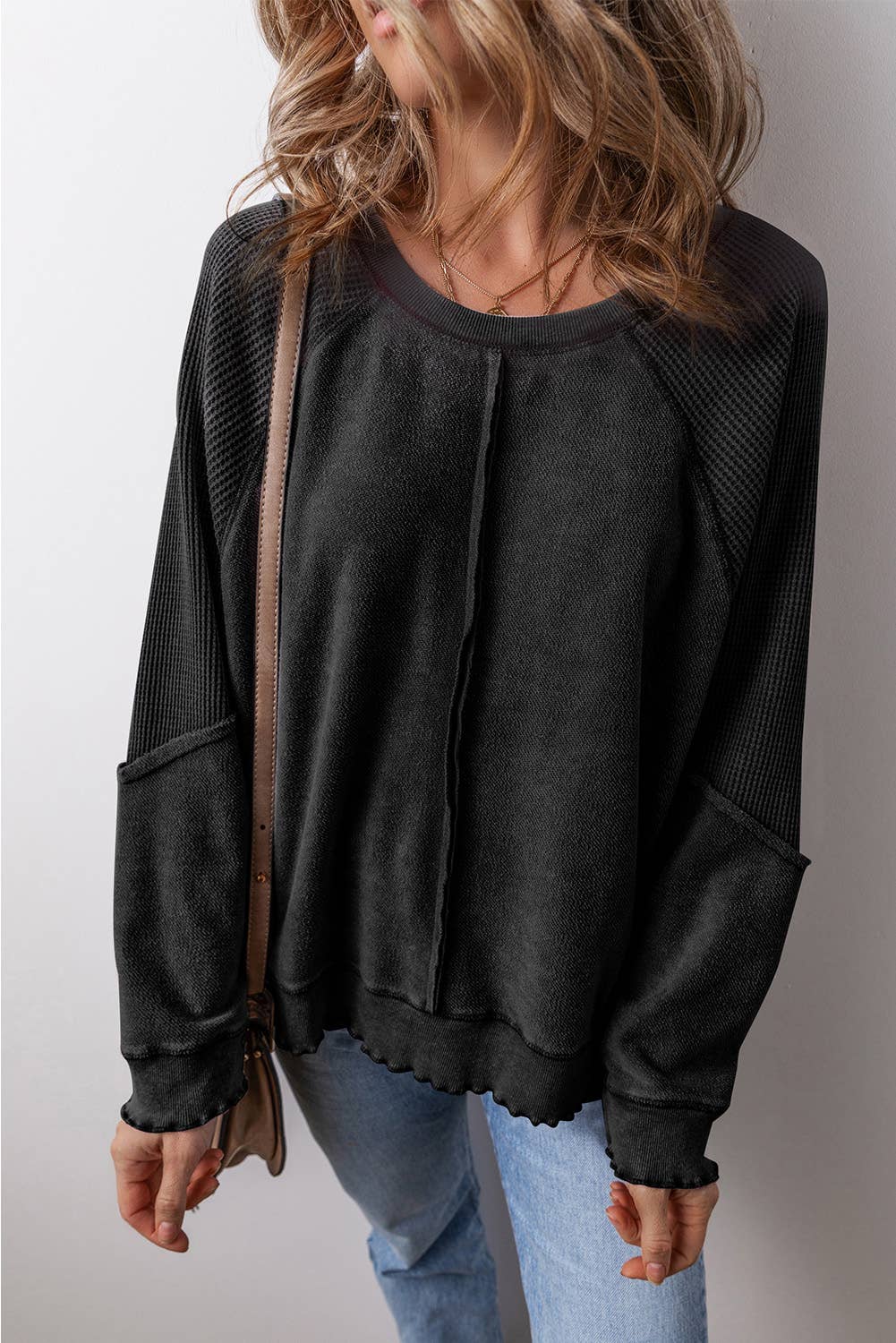 LDC Waffle Knit Patchwork Exposed Seam Raglan Sweatshirt