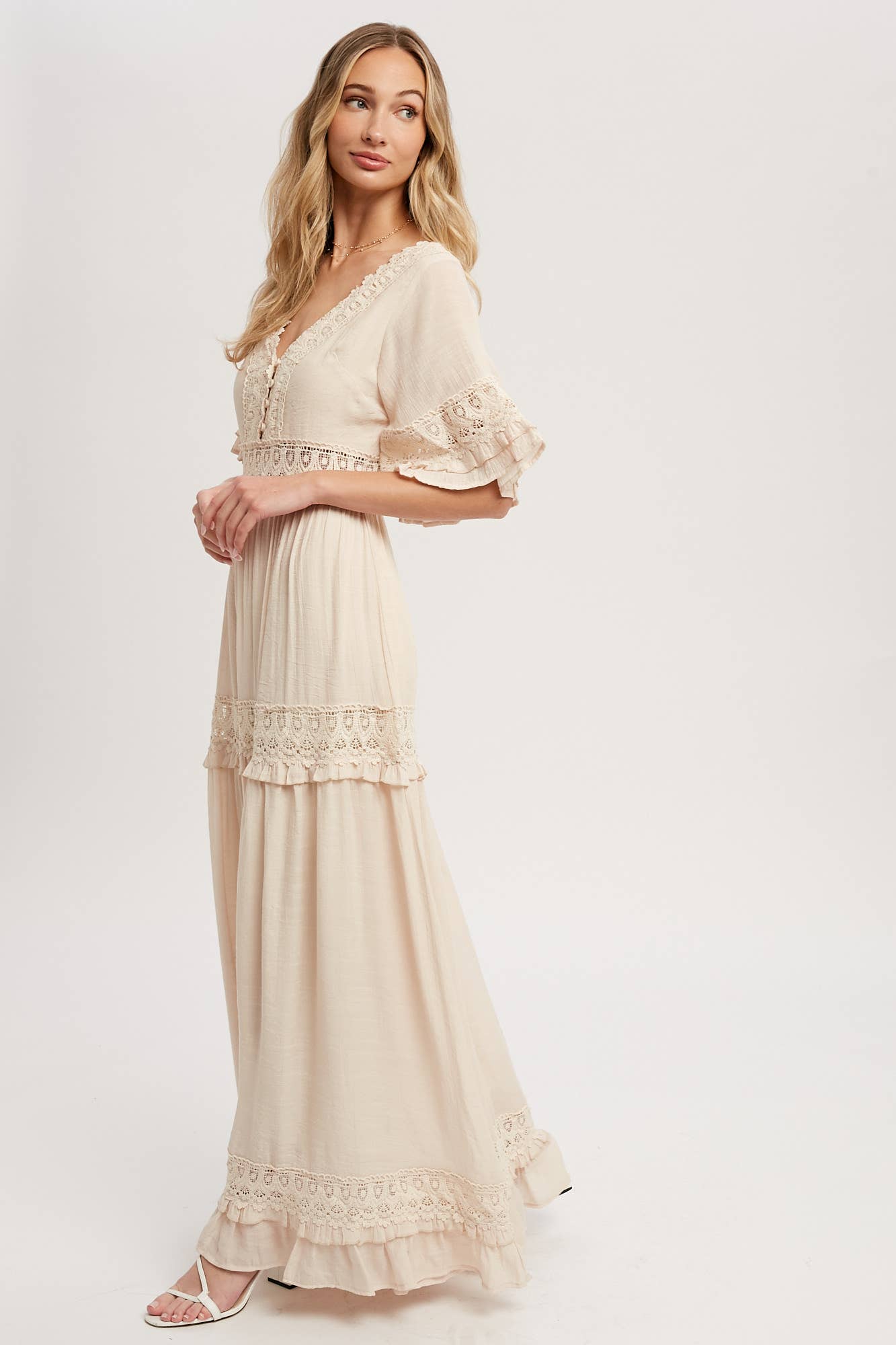 V-Neck Lace Trim Maxi Dress