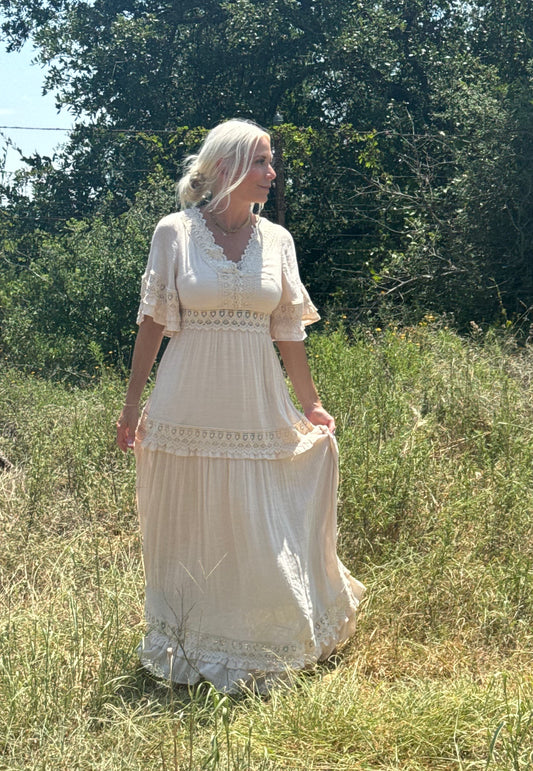 V-Neck Lace Trim Maxi Dress