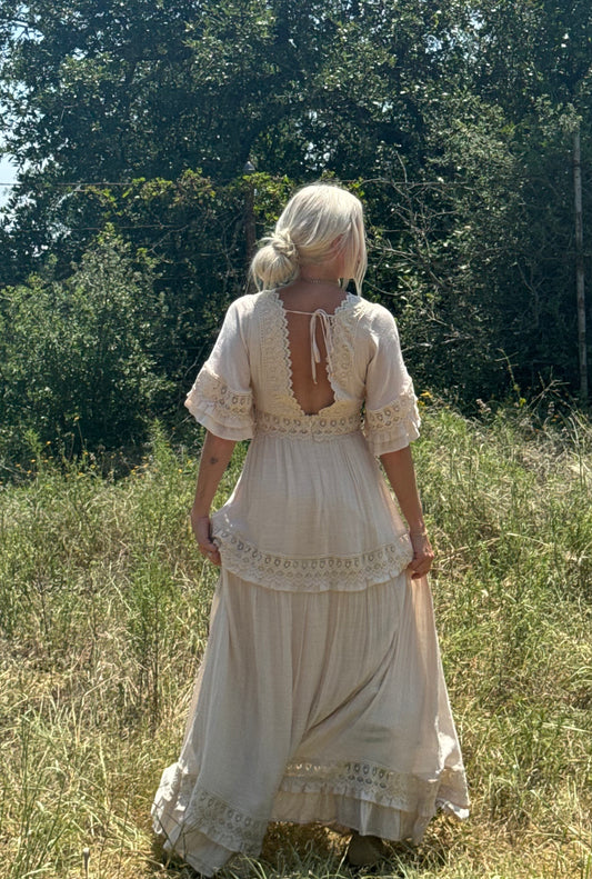 V-Neck Lace Trim Maxi Dress