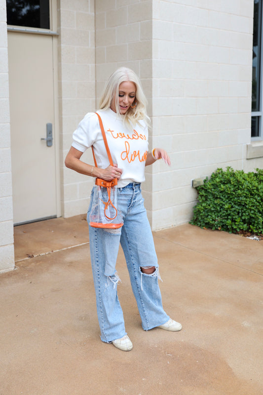 Touchdown Tinsel Puff Sleeve Crew Neck