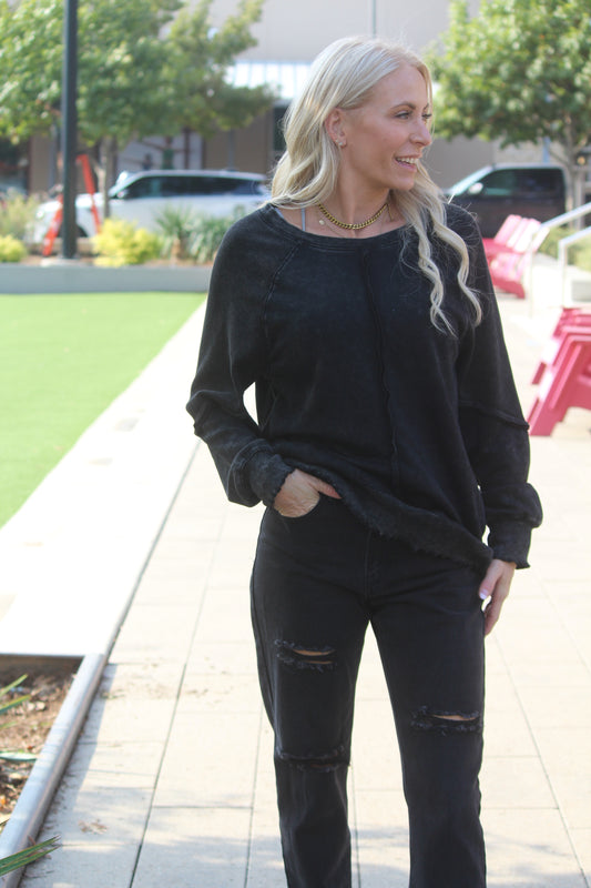 LDC Waffle Knit Patchwork Exposed Seam Raglan Sweatshirt