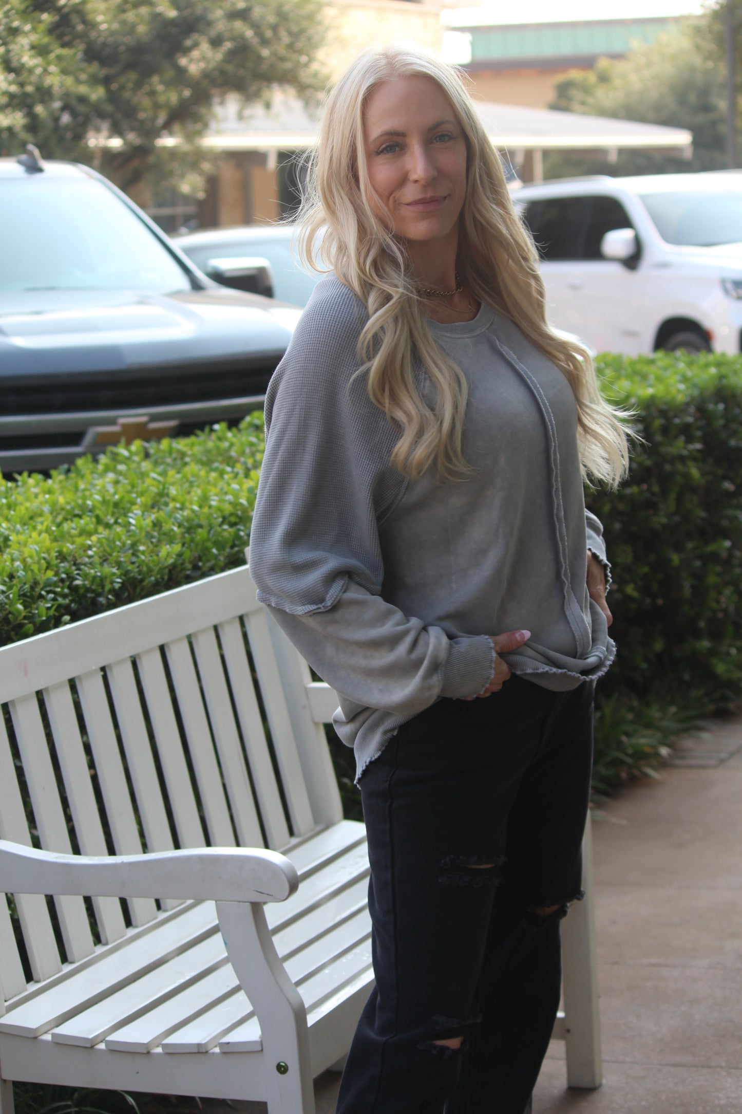 LDC Waffle Knit Patchwork Exposed Seam Raglan Sweatshirt