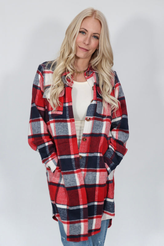 FLANNEL PLAID LONGLINE SHACKET: RED PLAID