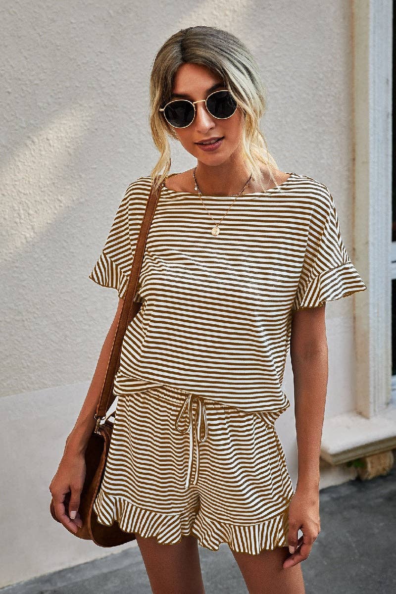 Casual Khaki Stripe Ruffle Set