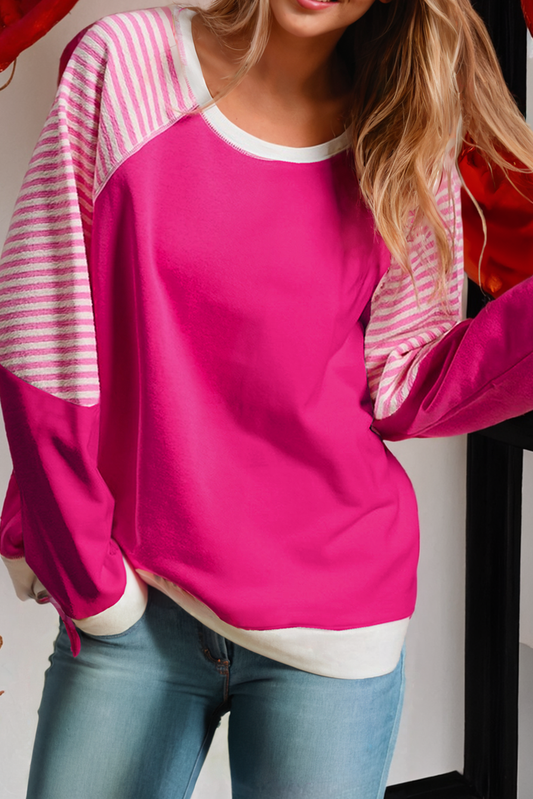 Striped Crew Neck Raglan Sleeve Top: Pink