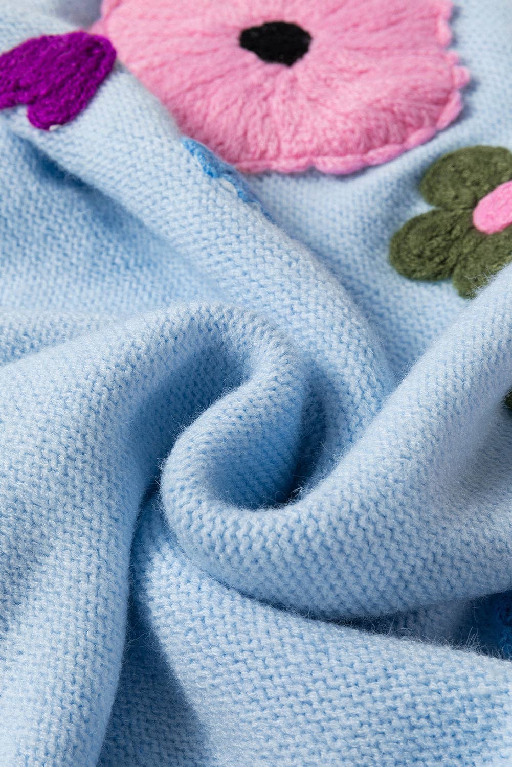 Floral Knit Ribbed Trim Sweater: Light Blue
