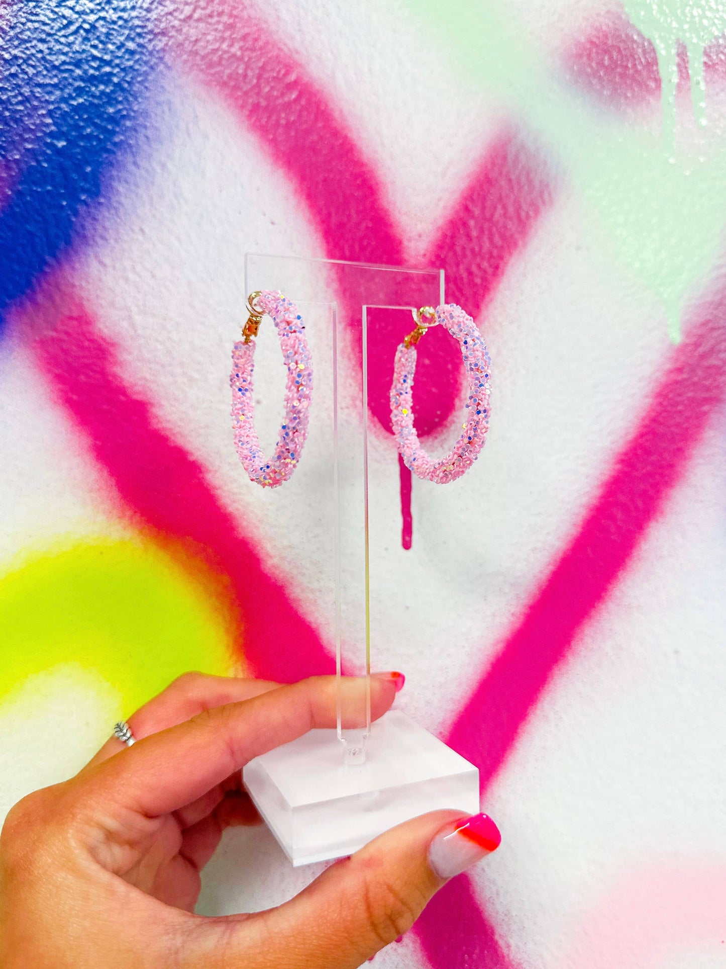 Glitter Hinge Hoops: Hot pink