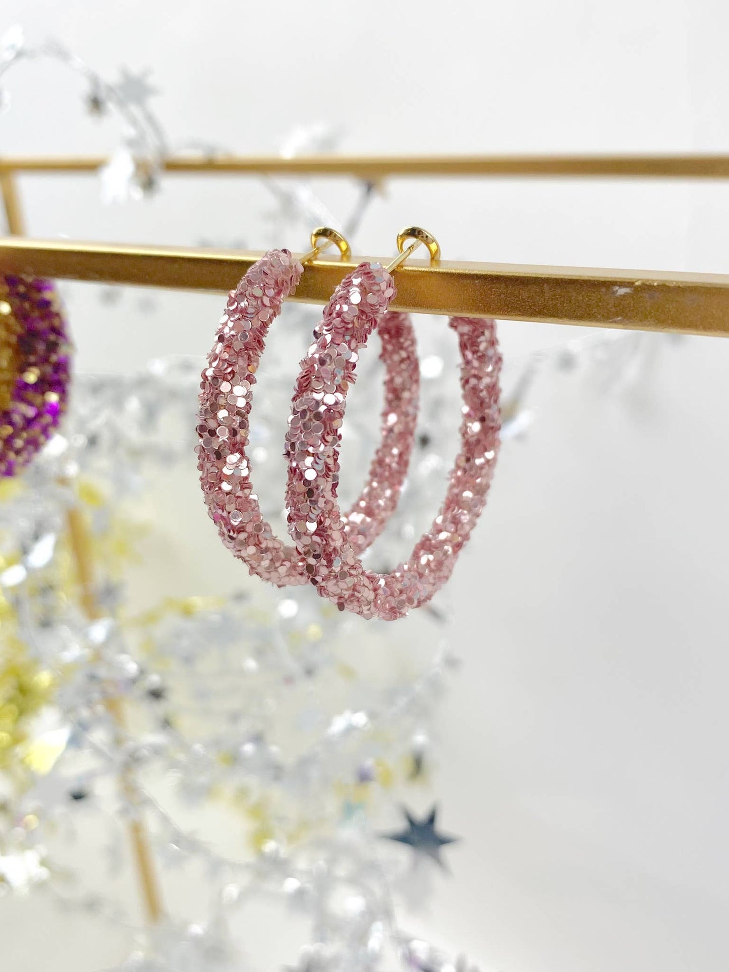 Glitter Hinge Hoops: Hot pink
