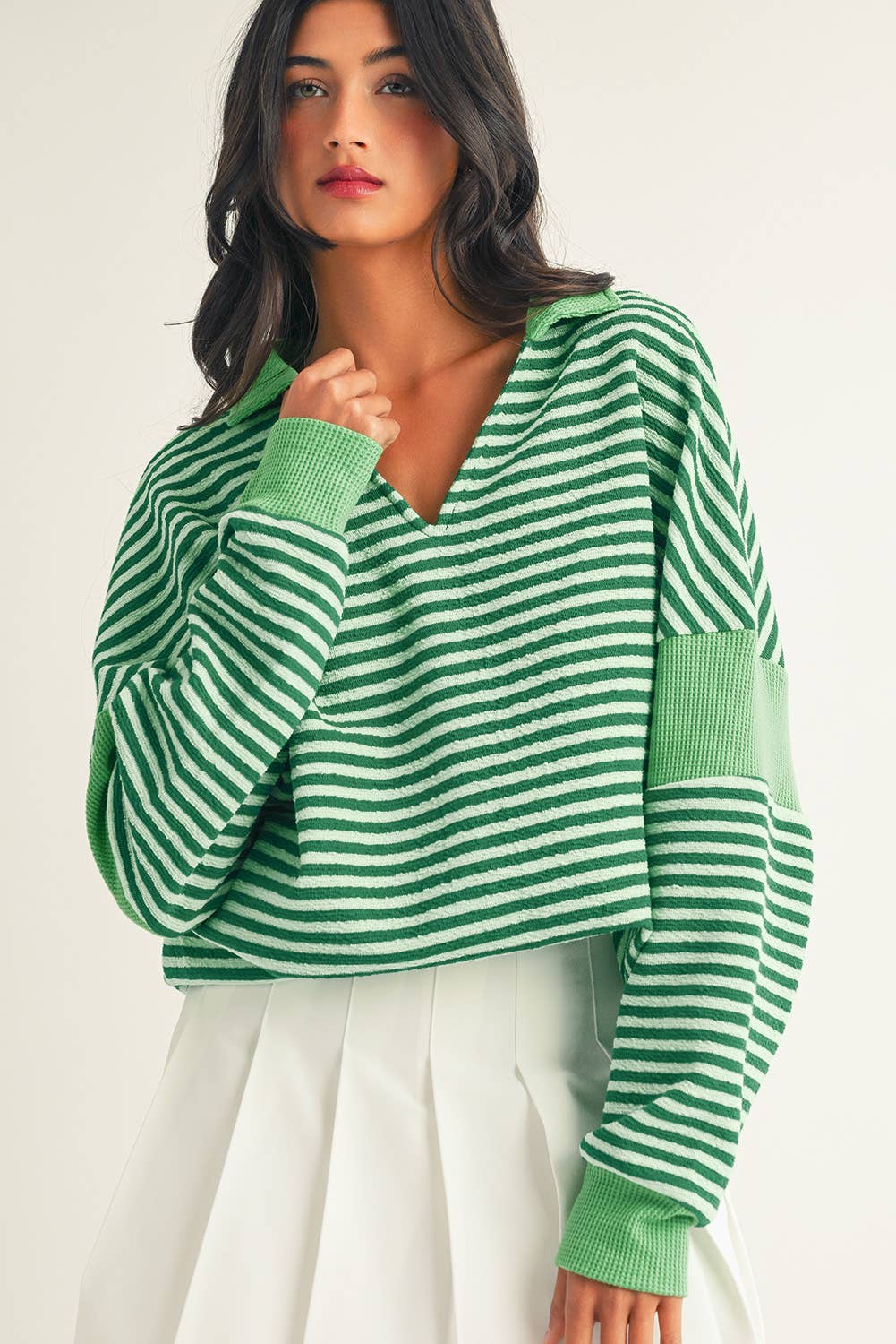 V Neck Striped Loose Top: Green