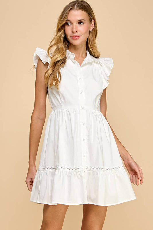 Crisp White Ruffle Button Up Dress