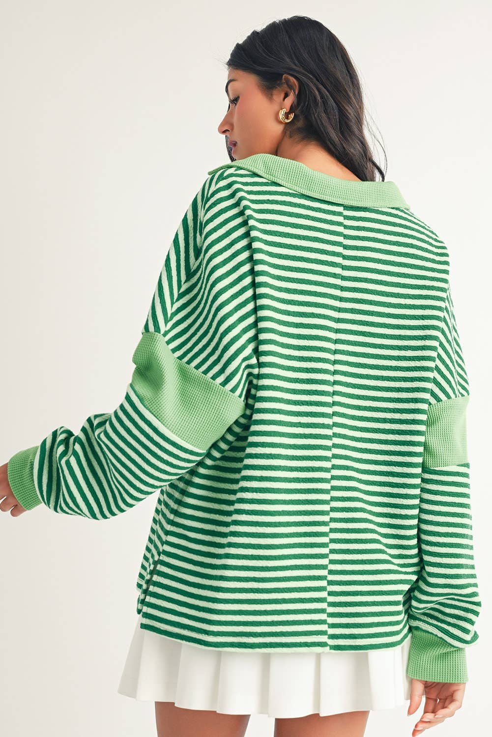 V Neck Striped Loose Top: Green