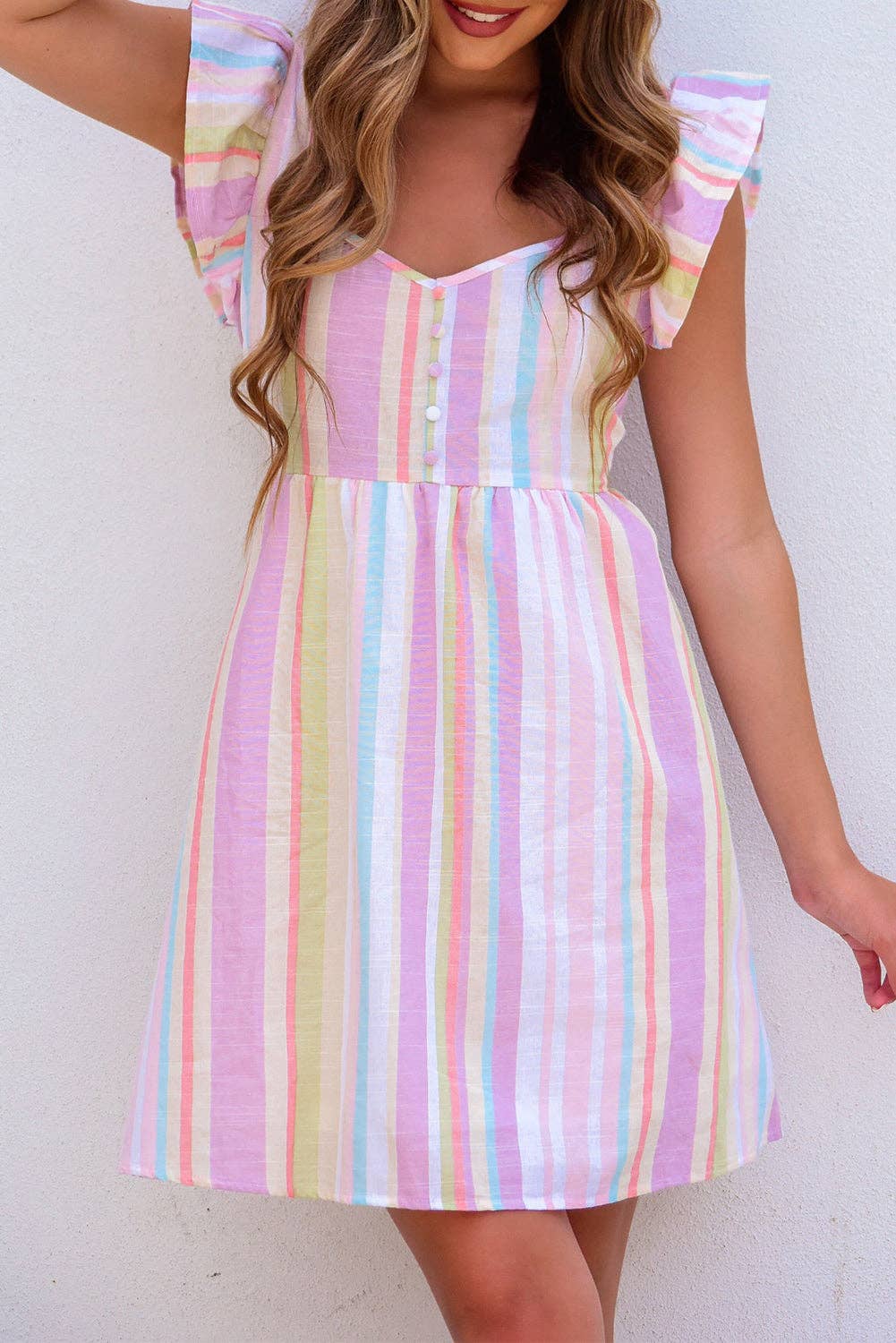Striped Button Sweetheart Flutter Sleeve Dress **FINAL SALE**