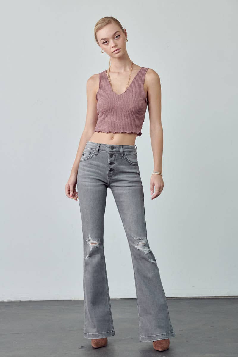 Mid Rise Button Up Distress Flare Jeans *FINAL SALE*