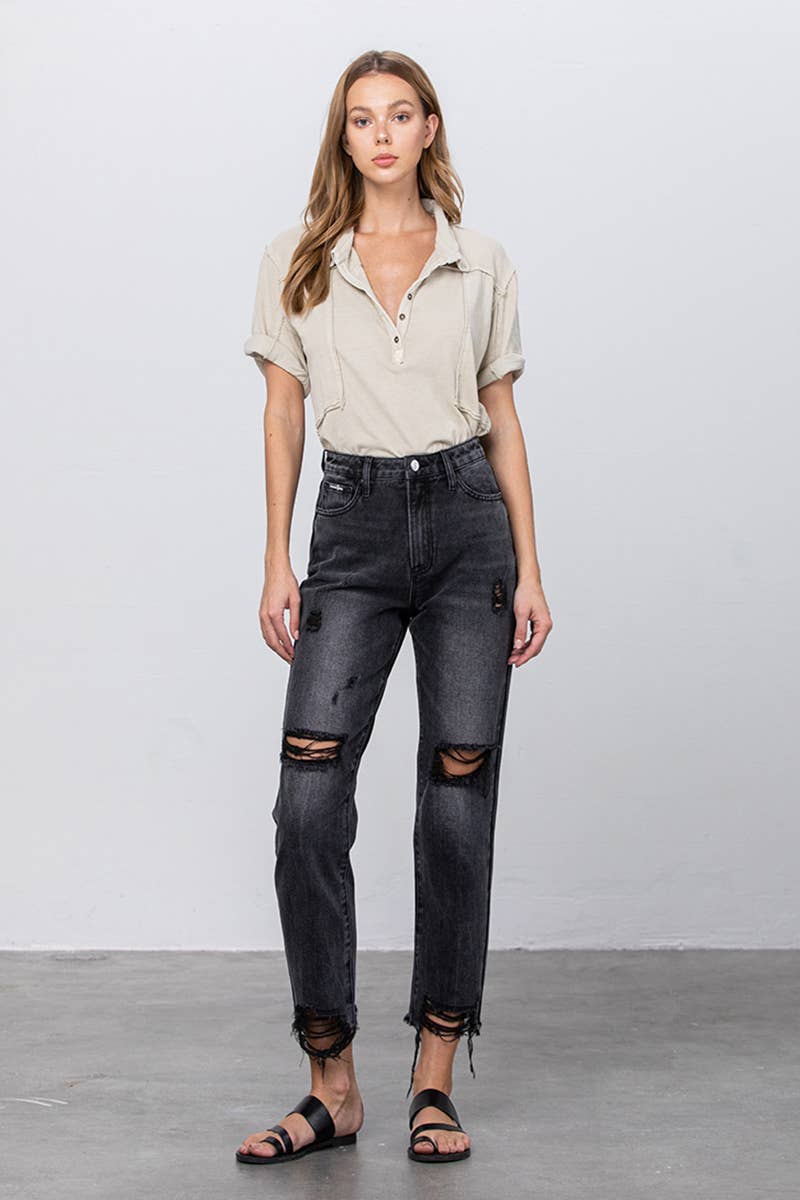 Black High Waist Ripped Frayed Hem Crop Mom Jeans *FINAL SALE*