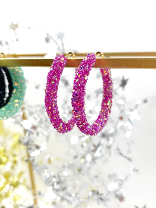 Glitter Hinge Hoops: Hot pink