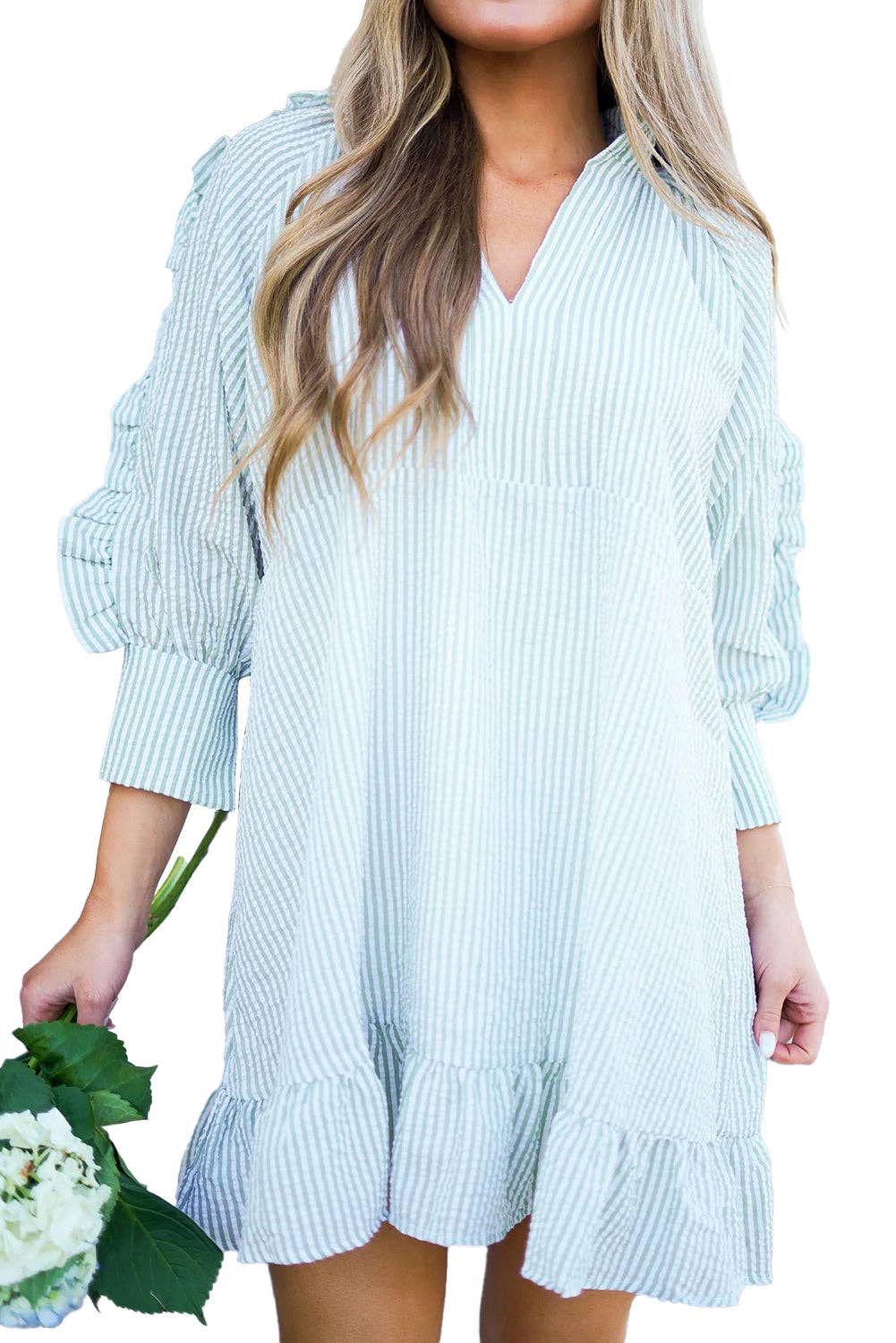 Stripe Ruffle 3/4 Sleeve Mini Dress: Myosotis