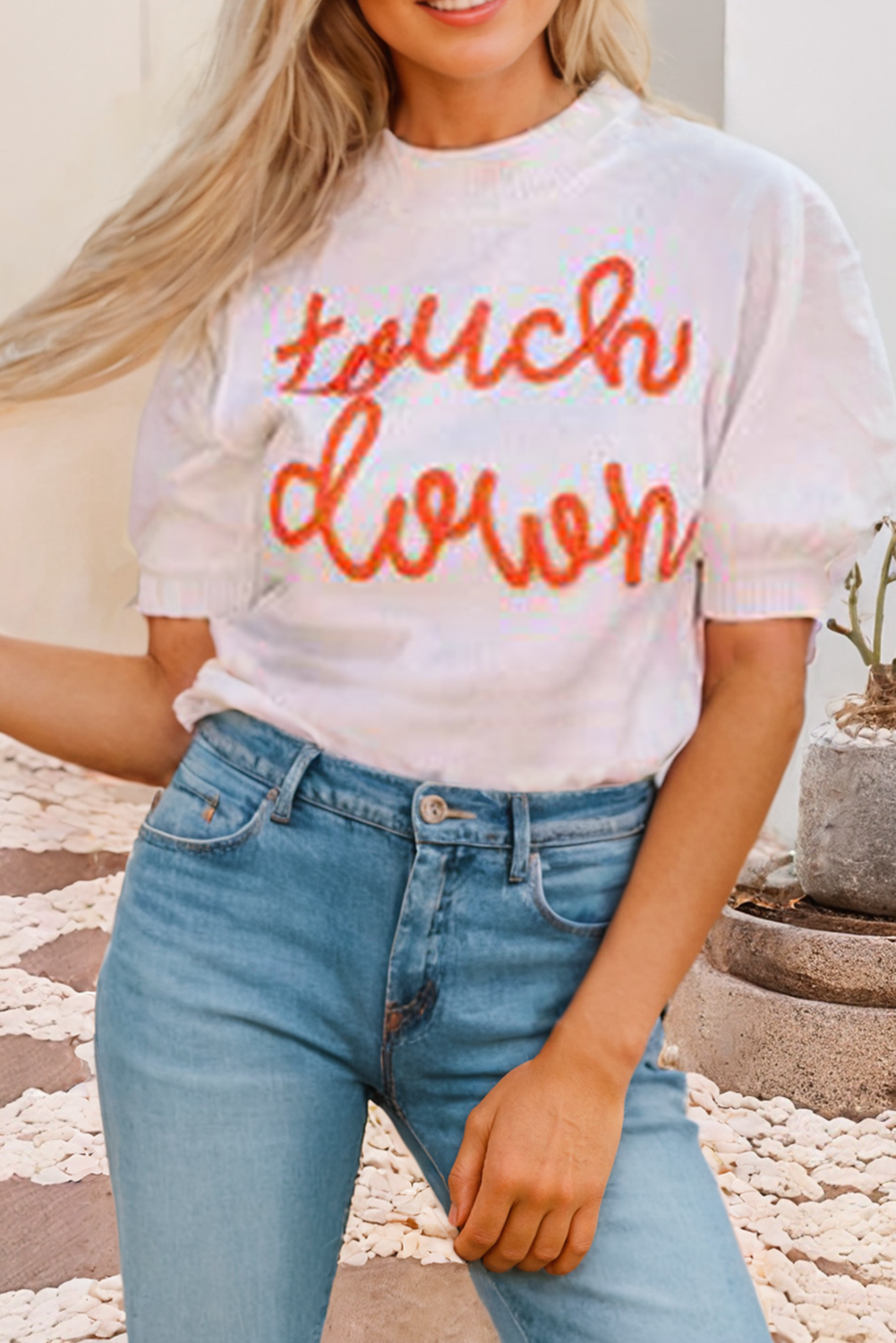 Touchdown Tinsel Puff Sleeve Crew Neck