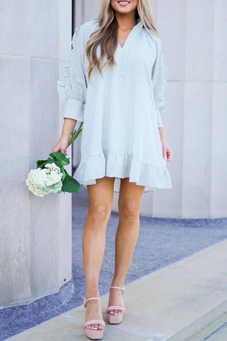 Stripe Ruffle 3/4 Sleeve Mini Dress: Myosotis