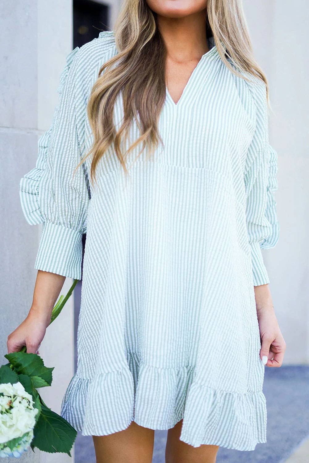 Stripe Ruffle 3/4 Sleeve Mini Dress: Myosotis