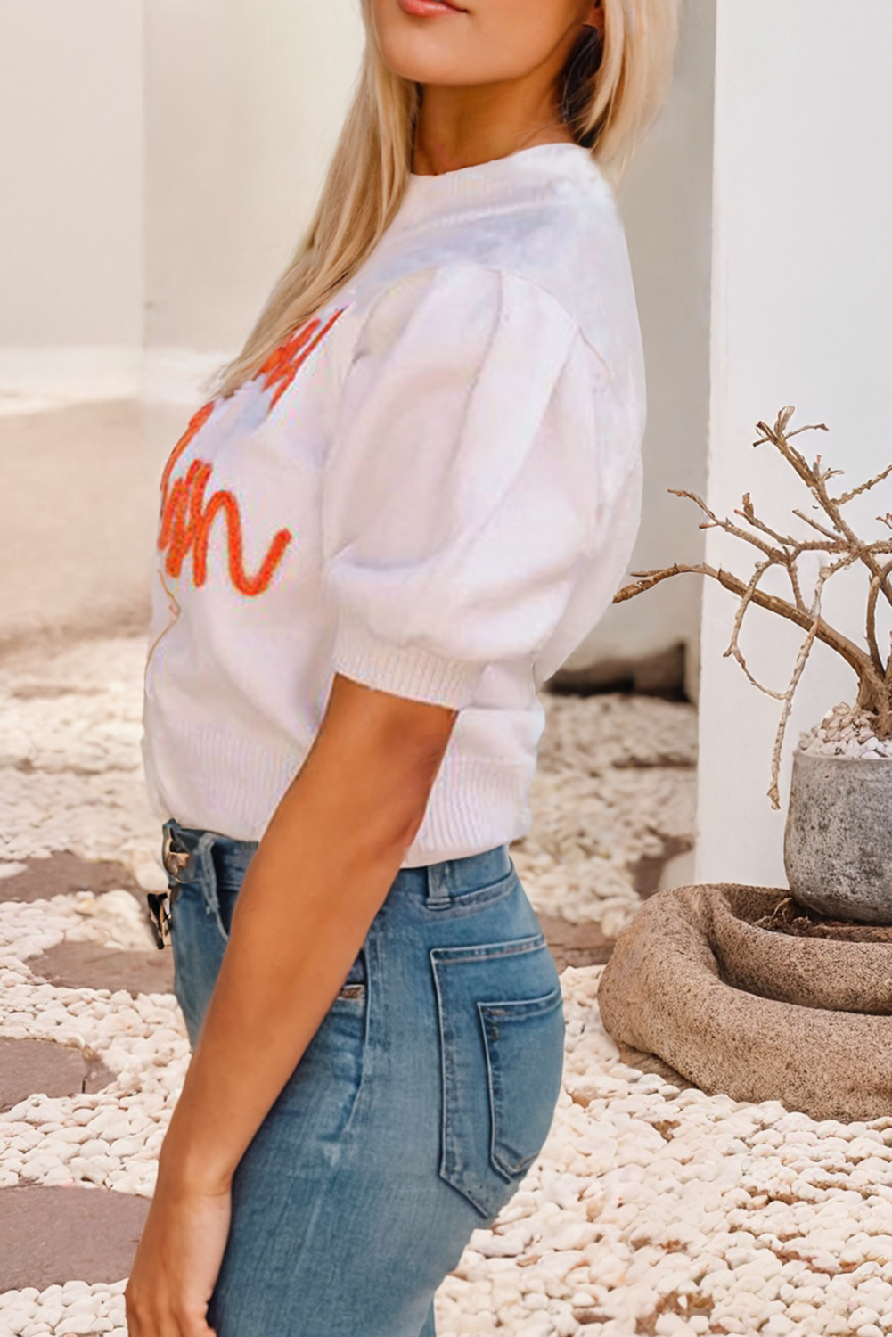 Touchdown Tinsel Puff Sleeve Crew Neck