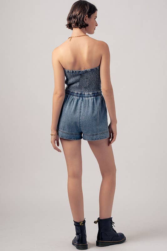 Retro Strapless Denim Romper