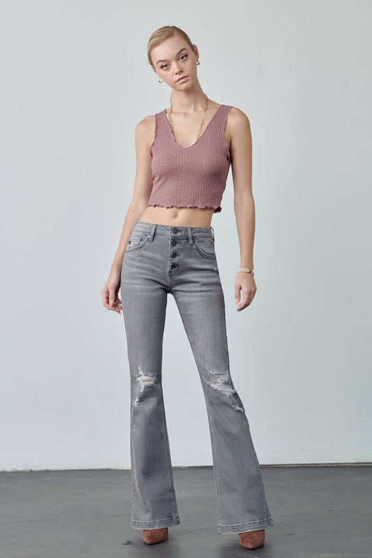 Mid Rise Button Up Distress Flare Jeans