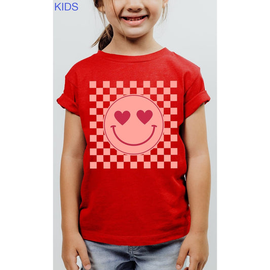 Heart Eyes Smiley Checkered Print Kids Graphic Tee
